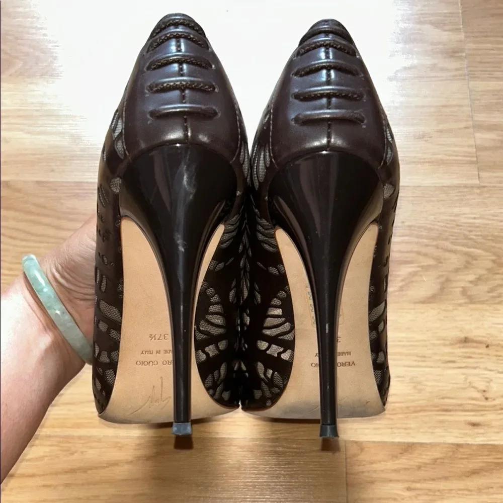 Giuseppe Zanotti brown leather Peep-Toe Heels Size 37.5 Made in Italy